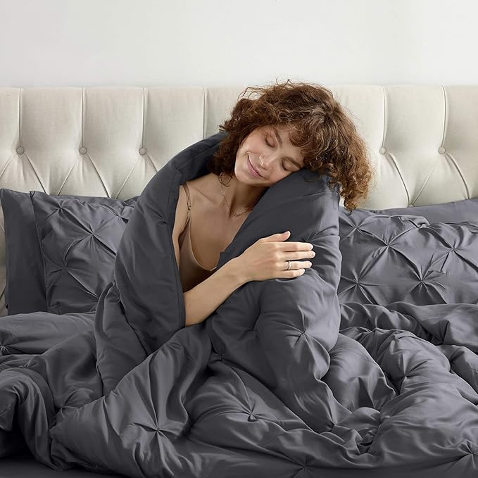 Nestl California King Comforter Set 7 Piece - Pintuck Cal King Comforter Set Dark Grey, California King Bed in a Bag, All Season Bed Set with Flat Sheet and Fitted Sheet, Pillowcases and Shams