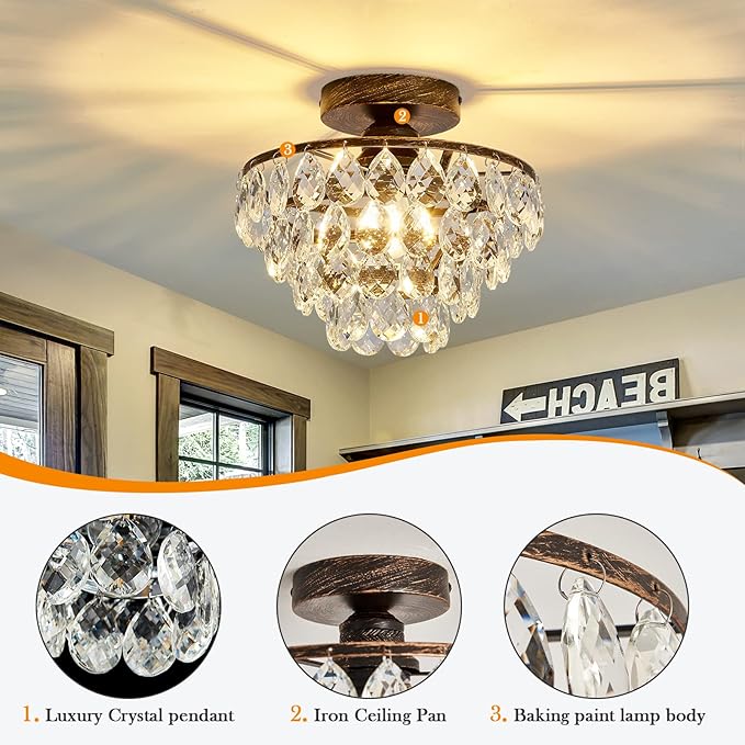 YYJLX Crystal Chandelier,Modern Semi Flush Mount Small Ceiling Light Oil Rubbed Bronze,Mini E26 Ceiling Lamp for Hallway Bedroom Bathroom Closet