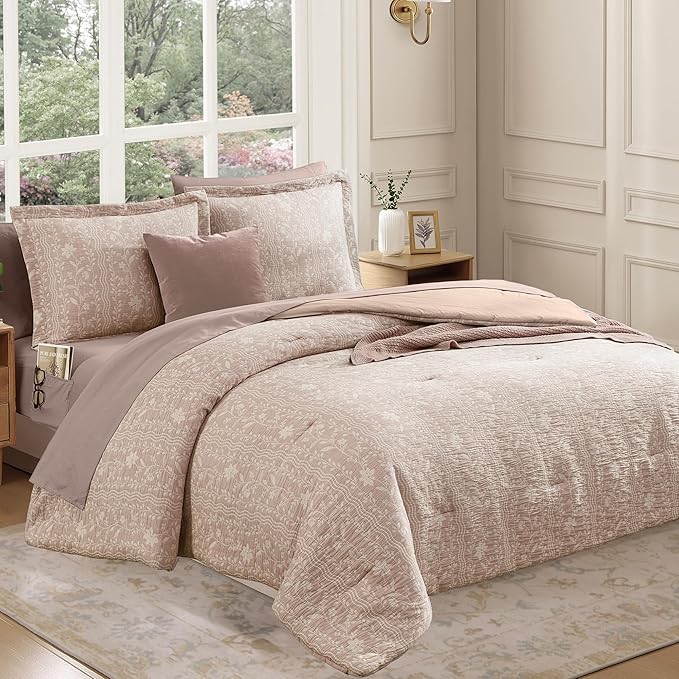 Full Comforter Set -7 Pieces Botanical Almond Pink Comforter Set for All Seasons, Bed in a Bag Full with Flowers Floral Comforter, Sheets, Pillowcases & Shams