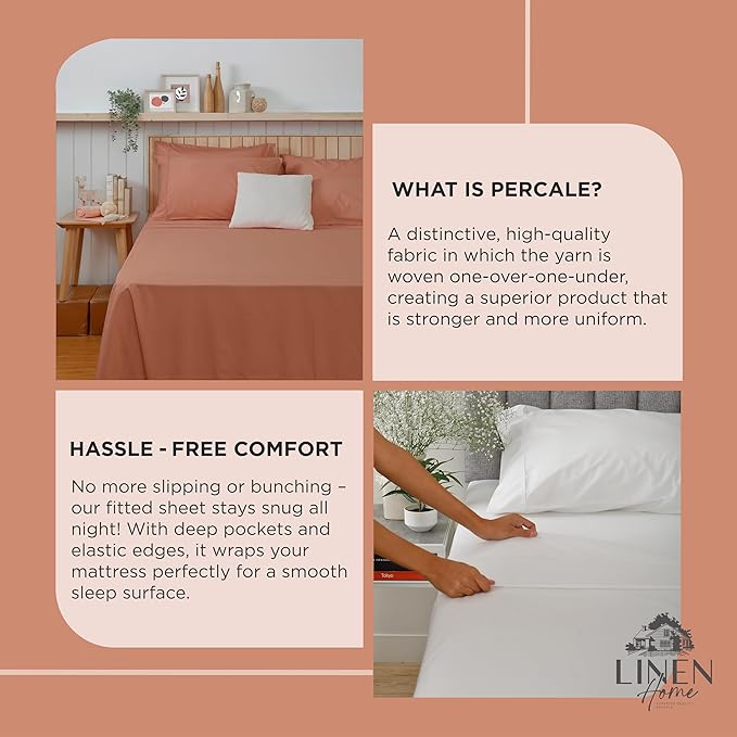Linen Home 100% Cotton Percale Weave Fitted Sheet, King Size, Tera Clay, 1 Deep Pocket Fitted Sheet, Fits Mattress Upto 16" Crisp and Cool Strong Bed Linen, 78"X80"+15"