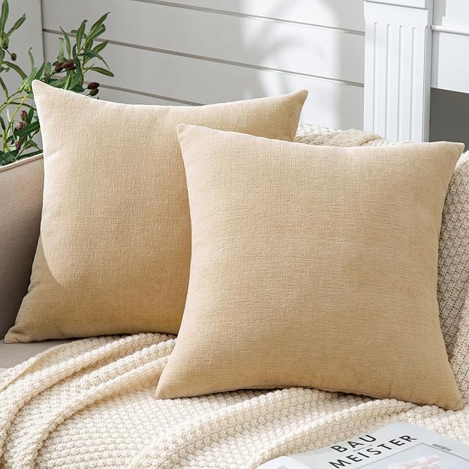 GAWAMAY Decorative Throw Pillow Covers 16x16 Inch Set of 2, Super Soft Chenille Square Pillows Farmhouse Fall Pillowcase for Living Room Bedroom Sofa Couch Cushion Cover Beige 40x40cm (No Insert)