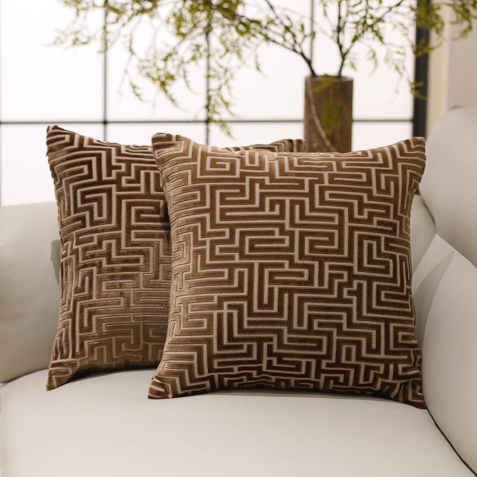 HPUK Geo Cut Velvet Throw Pillow Covers Pack of 2, 18x18 Inch Accent Cushion Covers for Living Room, Bedroom, Decorative Pillow Covers for Couch, Sofa, Chair, Brown