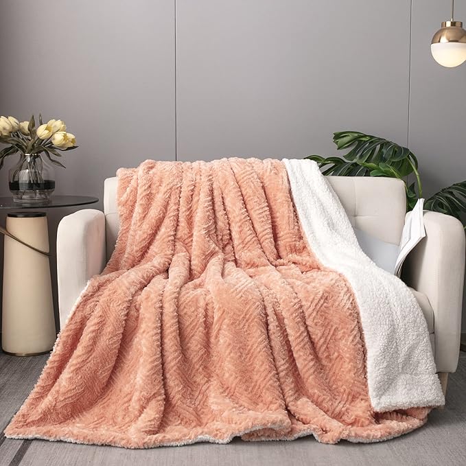 DaDa Bedding Coral Pastel Peach Rose Faux Fur Throw Blanket - Dreamy Geometric Embossed Sherpa Backside - Super Soft Warm Cozy Plush Fluffy - 90" x 90"