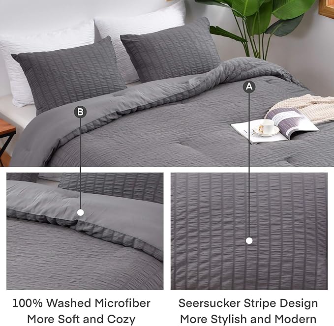 AveLom Seersucker King Comforter Set (104x90 inches), 3 Pieces - 100% Soft Washed Microfiber Lightweight Comforter with 2 Pillowcases, All Season Down Alternative Comforter Set for Bedding, Gray