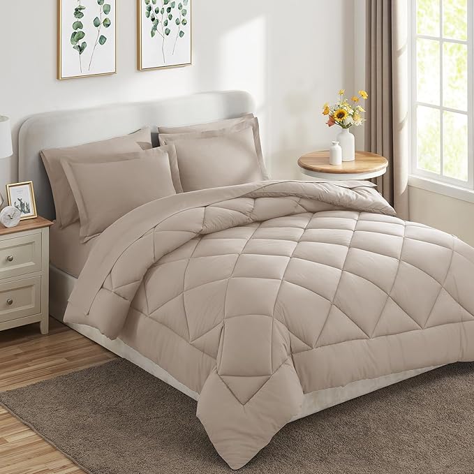 CozyLux King Size Comforter Set Linen - 7 Pieces Bed in a Bag King, Luxury Soft Bed Set for All Seasons, Bedding Set with Down Alternative Comforter, Sheets, Pillowcases & Shams