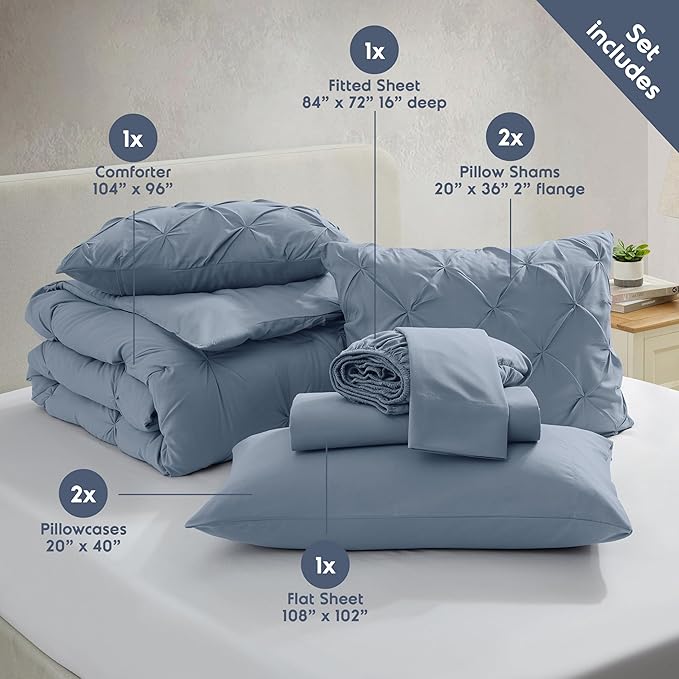 Nestl California King Comforter Set 7 Piece - Pintuck Cal King Comforter Set Stone Blue, California King Bed in a Bag, All Season Bed Set with Flat Sheet and Fitted Sheet, Pillowcases and Shams