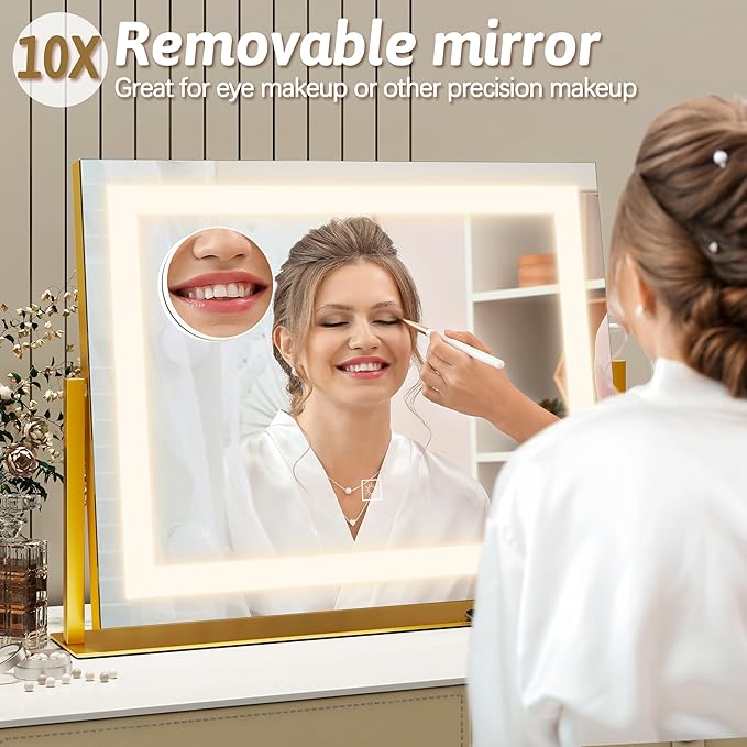 Vanity Mirror with Lights 22"x18", Lighted Makeup Mirror with 10X Magnification, Smart Touch 3 Colors Dimmable, 360° Rotation, Women Gift, Dresser Mount, Bathroom (Gold)