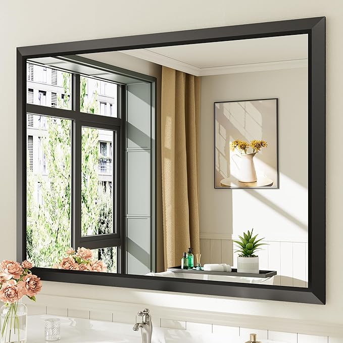 48x36 Inch Black Bathroom Mirror for Wall, Thick Metal Framed Rectangle Mirrors for Over Sink, Bedroom, Living Room, Entryway, Anti-Rust, HD Tempered Glass