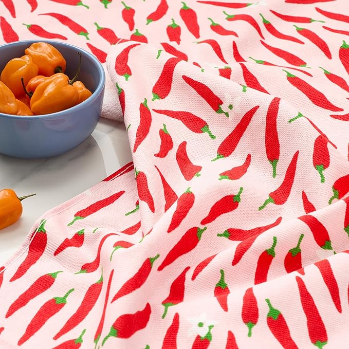 Kate Spade New York Hot Peppers & Spring Times Dot Kitchen Towels 4-Pack Set, Absorbent 100% Cotton, Red/Pink, 17"x28