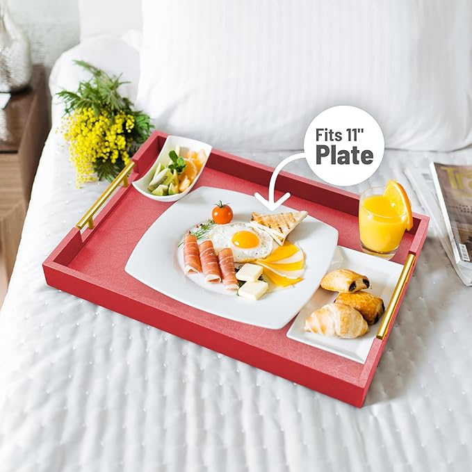 17" x 12" Wood Serving Tray with Gold Polished Metal Handles, Home Decorative Wooden Rectangle Ottoman Leather Decor Platter Bathroom Vanity Tray for All Occasions Red