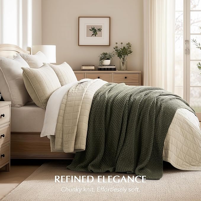 EVERGRACEHOME Chunky Chenille Knit Throw Blanket for Couch, Soft Luxurious Oversized Queen Moss Stitch Blanket for Bed, Large Cozy Farmhouse Knitted Throw for Sofa, Olive Green, 90" x 90"