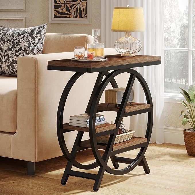 Tribesigns End Table for Living Room, 3-Tier Narrow Side Table with Storage, Wood Sofa Side Table with Geometric Metal Frame, Industrial Nightstand and Bedside Table for Bedroom