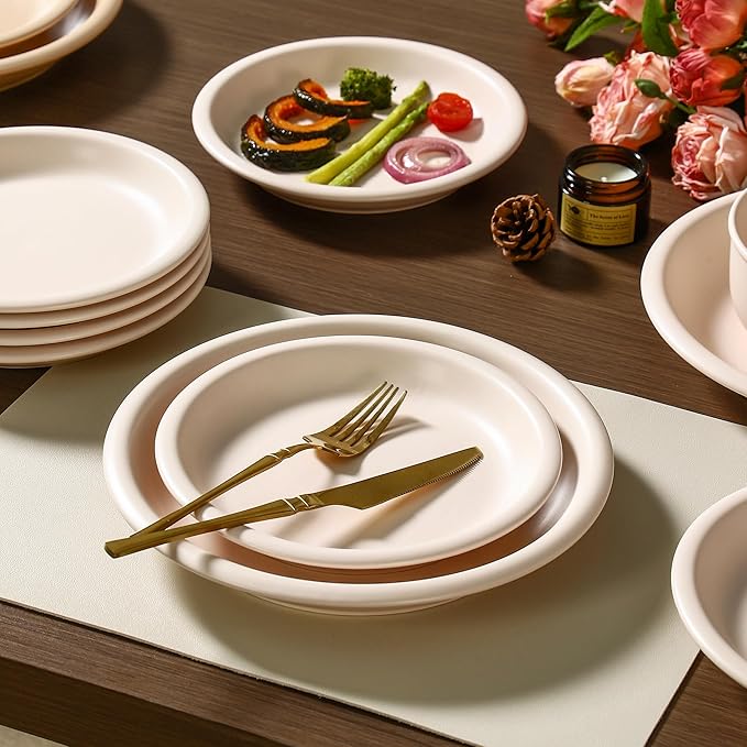 GZG 8 Inch Ceramic Dinner Salad Plates Set of 4, Rustic Matte Glaze Stoneware Dinnerware Set, Microwave & Dishwasher Safe, for Salad, Dessert, Appetizer, Everyday Use(Cream Mist)