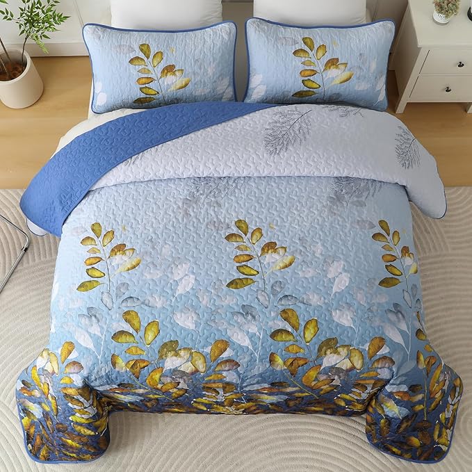WONGS BEDDING 3 Pieces Quilt Set Queen Size, Blue-Gold Floral Bedspread Coverlet Set, Soft Microfiber Lightweight Floral Bedding Set King 104"×90"