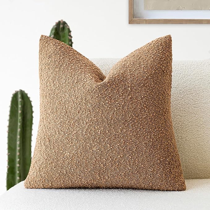 Foindtower Textured Boucle Throw Pillow Covers Accent Solid Pillow Cases Cozy Soft Decorative Couch Cushion Case for Chair Sofa Bedroom Living Room Home Decor, 18 x 18 Inch,Tobacco