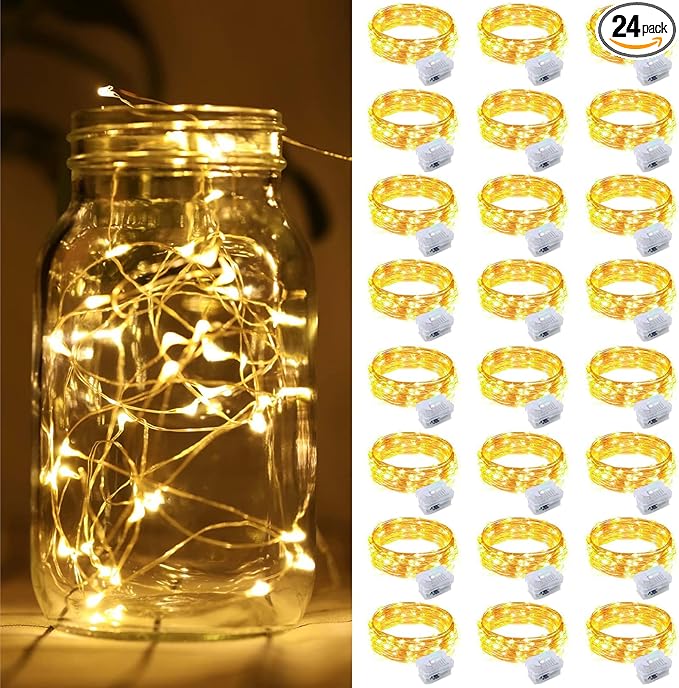 ZGWJ 24 Pack Fairy Lights Battery Operated, 7ft 20 Mini LED Fairy String Lights Silver Wire 3 Modes for DIY, Parties, Wedding, Bedroom, Halloween Christmas Decoration Warm White
