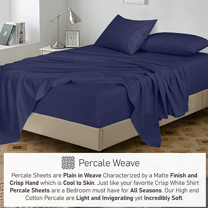 RUVANTI 100% Cotton Twin Sheets Set, 3 Pieces, Soft & Breathable Percale Weave Bedding, Deep Pocket 16", Hotel Standard, Crisp Cool Feel, Durable, Perfect Dyed Bed Sheet, Crown Blue