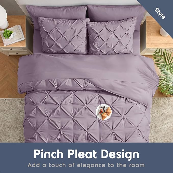 Nestl Queen Comforter Set 7 Piece - Pinch Pleated Comforters Queen Size Dusty Purple, Bed in a Bag Queen All Season, Queen Comforter Sets Bedding with Flat Sheet, Fitted Sheet, Pillowcases and Shams