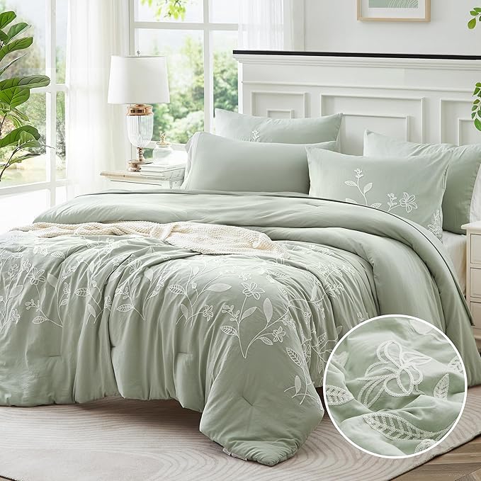 MaiRêve Embroidery Comforter Sets Green Twin Size, Farmhouse Floral Twin Bedding Sets 5 Pieces, Warm Fluffy All Season Bed Set and Comforter Sets(Green, Twin,66"x86")