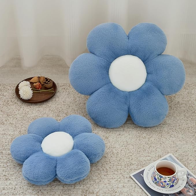 Flower Pillow, Decorative Throw Pillows for Couch Bed, Cute Daisy Home Decor Flower Shaped Pillows for Bedroom Living Room (Grey Blue, 14.9 Inches)