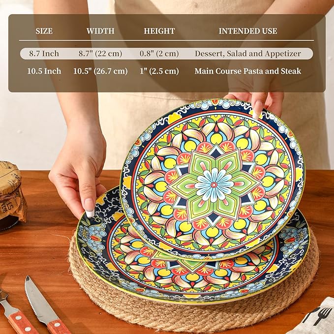 AHX Colorful Ceramic Plate Set of 6 – 8.7 Inch Bohemian Porcelain Plates for Serving Dessert, Appetizer and Salad – Microwave and Dishwasher Safe - Perfect for Party, Daily Meals and Gift Occasions