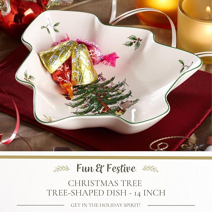Spode Christmas Tree Holiday Platter - 14-Inch Tree-Shaped Serving Plate, Fine Porcelain Holiday Tableware - Festive Party Server, Seasonal Decor - Christmas Dinnerware