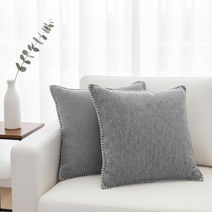 Stitched Edge Soft Throw Pillow Covers Dark Grey 20x20 inches Set of 2 Textured Velvet Gray Chenille Cushion Covers Farmhouse Decorative Pillow Covers for Living Room, Chairs, Couch