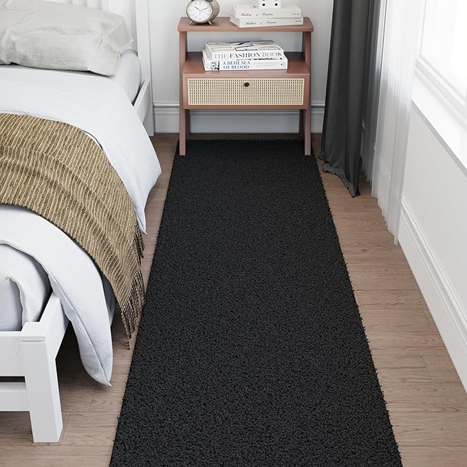 Ottomanson 2' x 14' Shaggy Runner Rug - Plush & Cozy Non-Slip Carpet for Bedroom, Living Room, Bathroom & Entryway - Durable & High-Traffic Friendly for Hallways & Dorms, Black