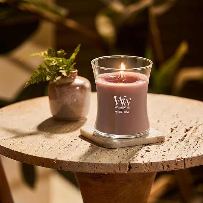 WoodWick Patchouli Crème Medium Hourglass Candle, Crackles as it Burns, Up to 65 hrs Burn time, Perfect for Gifting, 9.7 oz