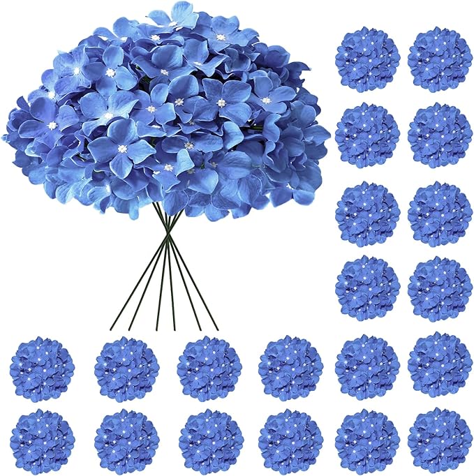 Hydrangea Artificial Flowers, 20 Pcs Royal Blue Hydrangea Artificial Flowers Bulk, Faux Hydrangea Flowers for Outdoor, Fake Silk Hydrangea Flowers with Stems for Wedding Decoration Decor