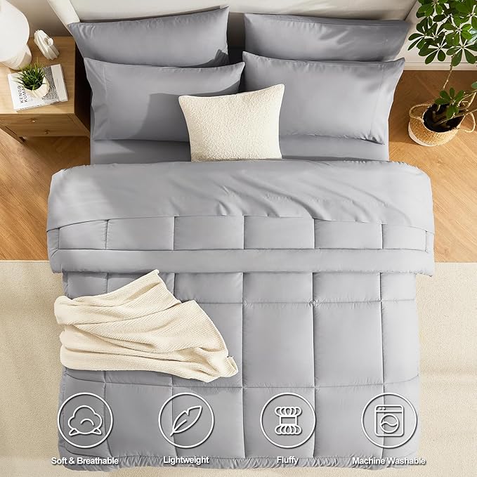 CozyLux Full Size Comforter Sets Grey, 7 Pieces Bed in a Bag, Gray Comforter Full Size, All Season Bedding Sets with Stitch Quilted Comforter, Flat Sheet, Fitted Sheet, Pillowcases