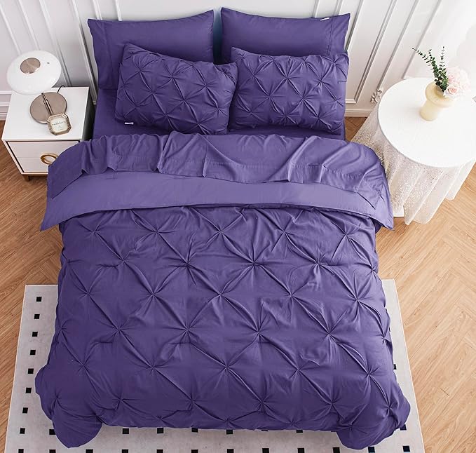 LANE LINEN Twin XL Comforter Set – 5 Piece Bed in a Bag – Pinch Pleated Twin XL Size Bedding Set with Comforter, Flat Sheet, Fitted Sheet, Pillowcase & Sham – Soft Pintuck Bed Set - Purple