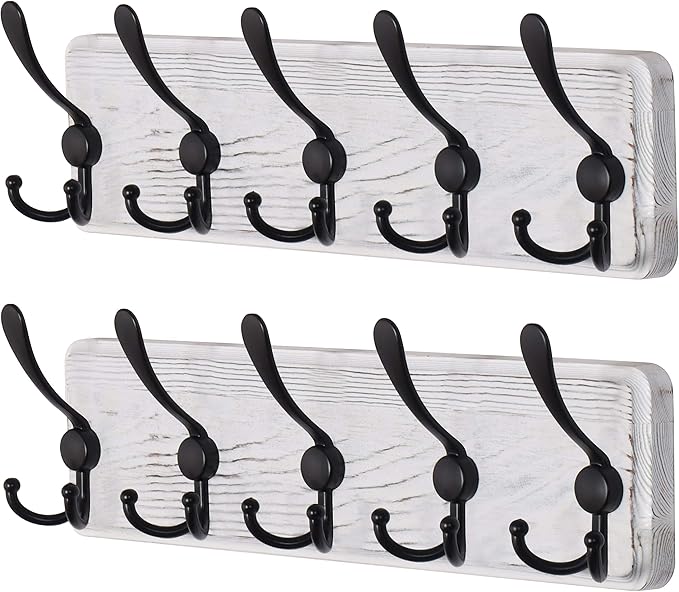 Dseap Coat Rack Wall Mounted - 5 Tri Hooks, Heavy Duty, Wooden Wall Coat Hanger Coat Hook for Clothes Hat Jacket Clothing, White & Black, Pack of 2