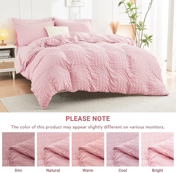 HYMOKEGE Pink King Size Comforter Set Seersucker 7 Pieces, All Season Luxury Bed in a Bag for Bedroom, Bedding Set with Comforters, Sheets, Pillowcases & Shams