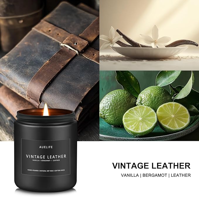 Vintage Leather Candle | Men Candles, Soy Candle for Home Scented - Man Scented Candles for Home, Men Gifts for Him - 7oz Black Jar Gifts for Friends