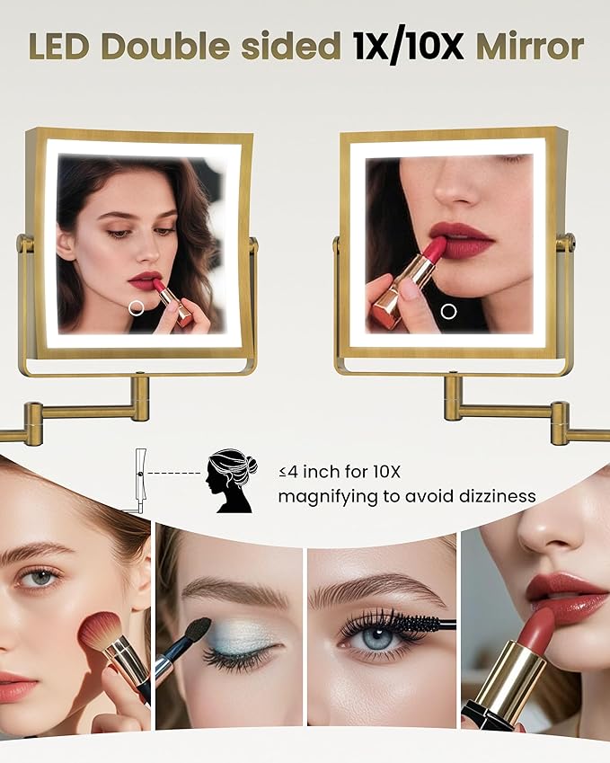 Rechargeable Wall Mounted Makeup Mirror with Lights, 4000mAh Double Sided 1X/10X Magnifying Vanity Mirror with 3 Color Lights, Touch Dimmable, 360° Extension Foldable Arm (Antique Brass)