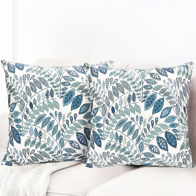 Decorative Throw Pillow Covers Set of 2 Blue Green Small Leaves Pillow Covers 16x16 inch Soft Short Plush Square Floral Throw Pillows,Farmhouse Outdoor Pillow Covers for Couch Living Room