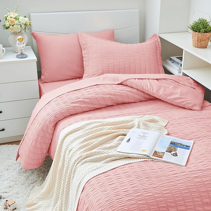 HYMOKEGE Rose Pink Twin XL Comforter Set Seersucker 5 Pieces, All Season Luxury Bed in a Bag for Bedroom, Bedding Set with Comforter, Sheets, Pillowcase & Sham
