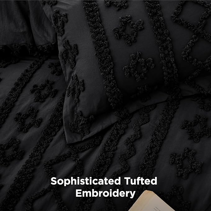 Bedsure Tufted Boho Comforter Set California King - Black Boho Bed Set, GentleSoft™ 3 Pieces Farmhouse Shabby Chic Embroidery Bedding, Gifts for Woman, Soft Jacquard Comforter for All Seasons