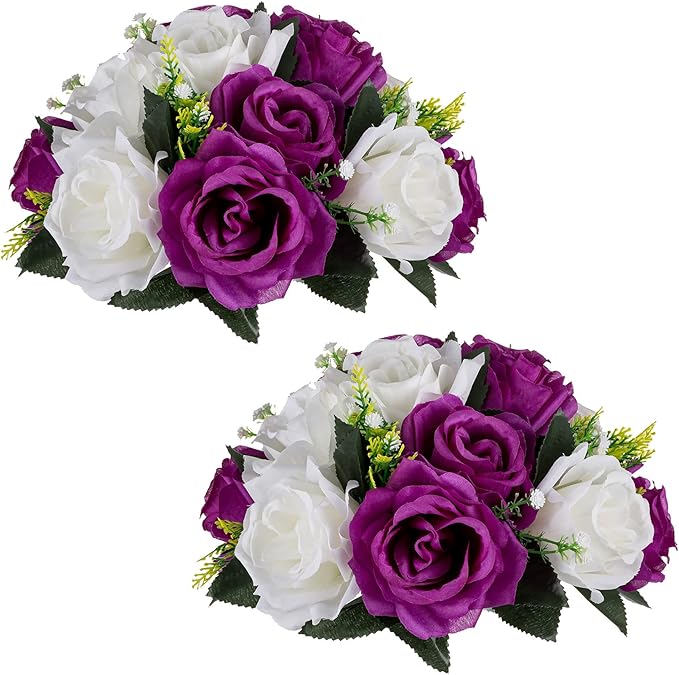 NUPTIO Pcs of 2 Fake Flower Ball Arrangement Bouquet,15 Heads Plastic Roses with Base, Suitable for Our Store's Wedding Centerpiece Flower Rack for Parties Valentine's Day Home Décor (Purple & White)