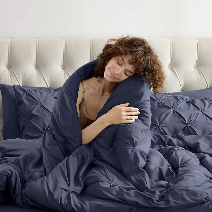 Nestl 7 Piece Comforter Set - Pinch Pleated Bedding, All Season Full Size Bed Set with Sheets, Comforter, Pillowcases and Shams in Navy