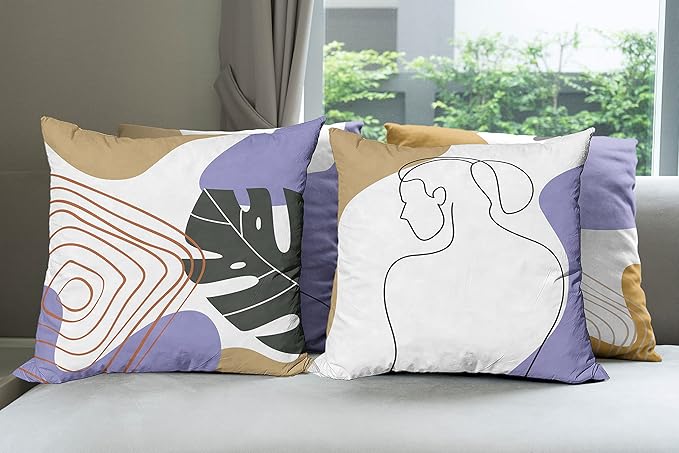 Ambesonne Minimal Throw Pillow Cushion Case Pack of 4, Modern Line Art Woman Portrait with Contemporary Leafy Geometric Details, Modern Accent Double-Sided Digital Printing, 18", Tan Amber Lavender