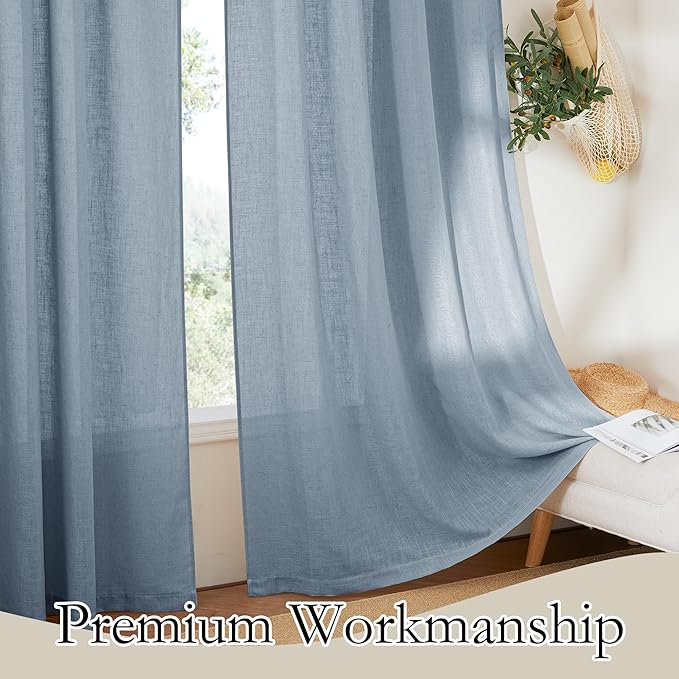 RYB HOME Semi Sheer Curtains for Living Room Dining Room, Linen Texture Window Decor Sun Protection Modern for Bathroom Doorway, W 52 x L 102 inch, 2 Pcs, Dusty Blue
