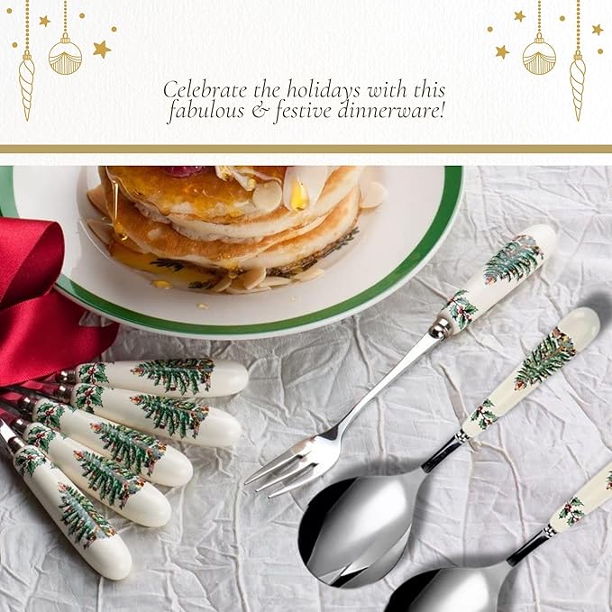 Spode Christmas Tree Salad Server Set (2-Piece) - 10 Inch Stainless Steel with Porcelain Handles, Festive Flatware for Holiday Dining - Dishwasher Safe, Seasonal Entertaining & Gift-Giving