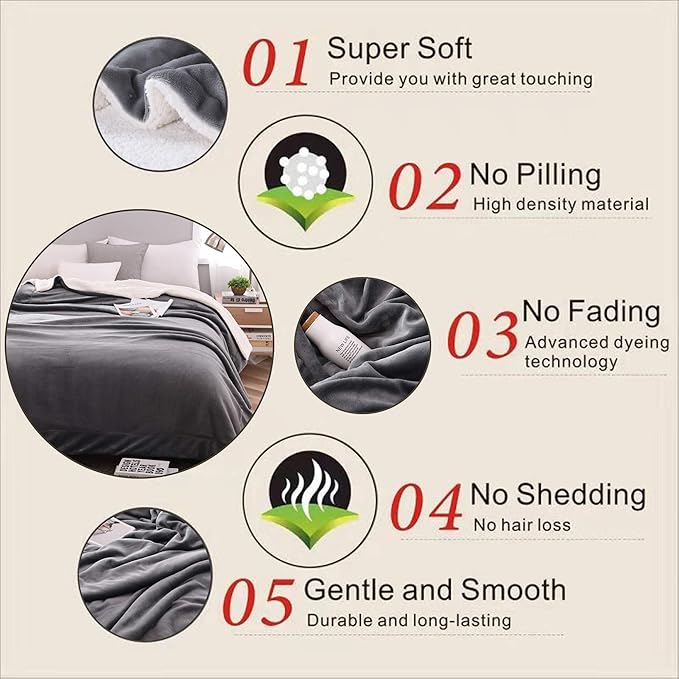 NANPIPER Sherpa Blanket Warm Blankets for Winter Super Soft Fuzzy Flannel Fleece/Wool Like Reversible Velvet Plush Couch Blanket Lightweight(Grey Throw Size 50"x60")