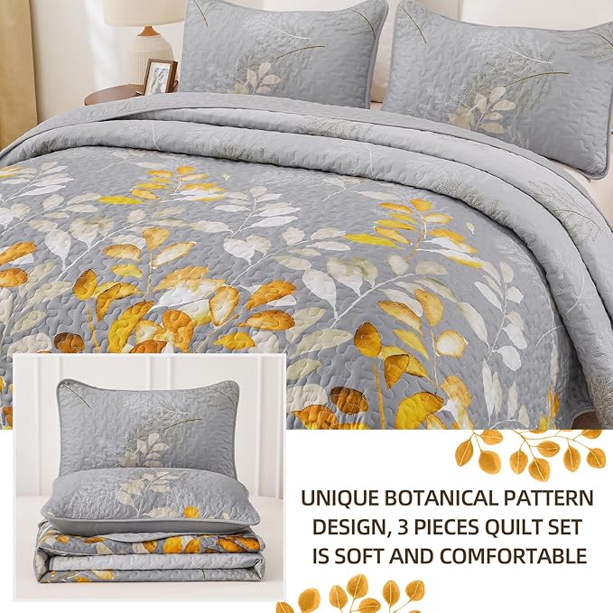 WONGS BEDDING Gold Quilt Set Queen Size, 3 Pieces Grey Gold Floral Bedspread Coverlet Set, Soft Microfiber Lightweight Floral Bedding Set Queen 96"×90"