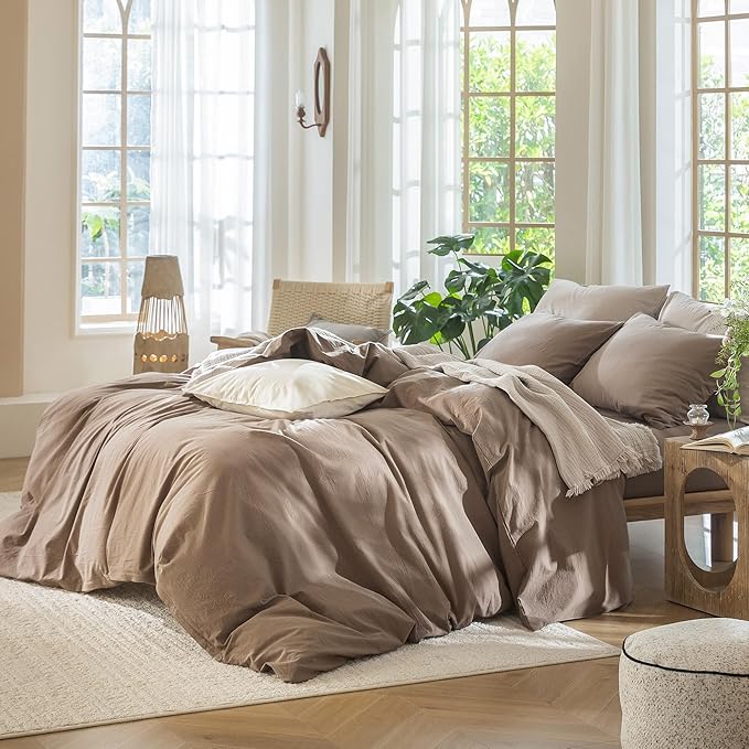 MooMee Bedding Duvet Cover Set 100% Washed Cotton Linen Like Textured Breathable Durable Soft Comfy (Solid Brown, Palatial King/Oversized King 120"x98")