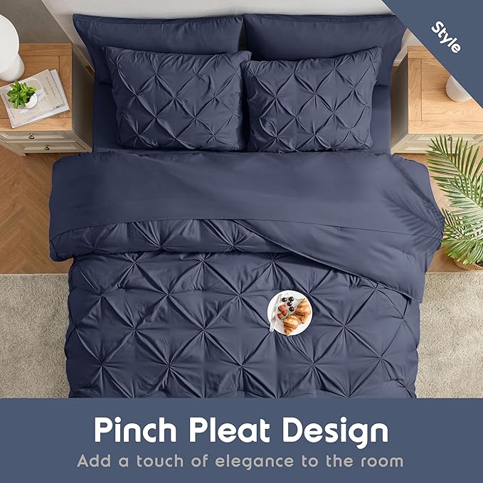 Nestl 7 Piece Comforter Set - Pinch Pleated Bedding, All Season Full Size Bed Set with Sheets, Comforter, Pillowcases and Shams in Navy