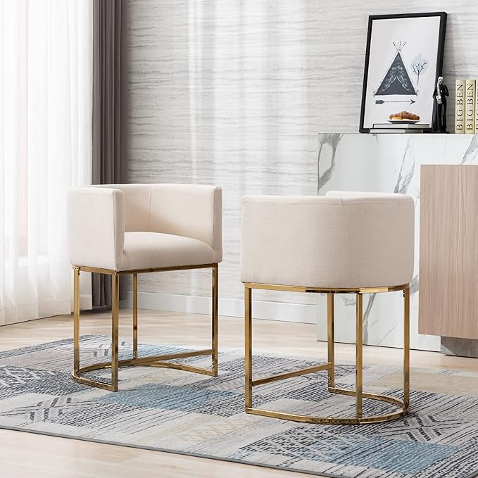 Modern Counter Height Linen Upholstered Bar Stools Set of 4, 24" Kitchen Counter Island Stools Bar Chairs with Gold Metal Frame for Kitchen Island, Cream
