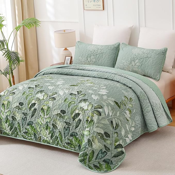 WONGS BEDDING Green Quilt Set Queen Size,3 Pieces Green Floral Bedspread Coverlet Set, Soft Microfiber Lightweight Floral Bedding Set Queen 96"×90"